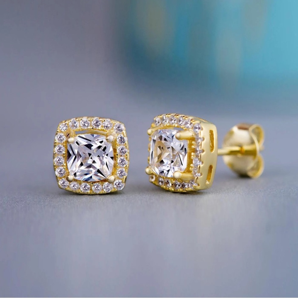 New gold earrings, cubic square zirconia.